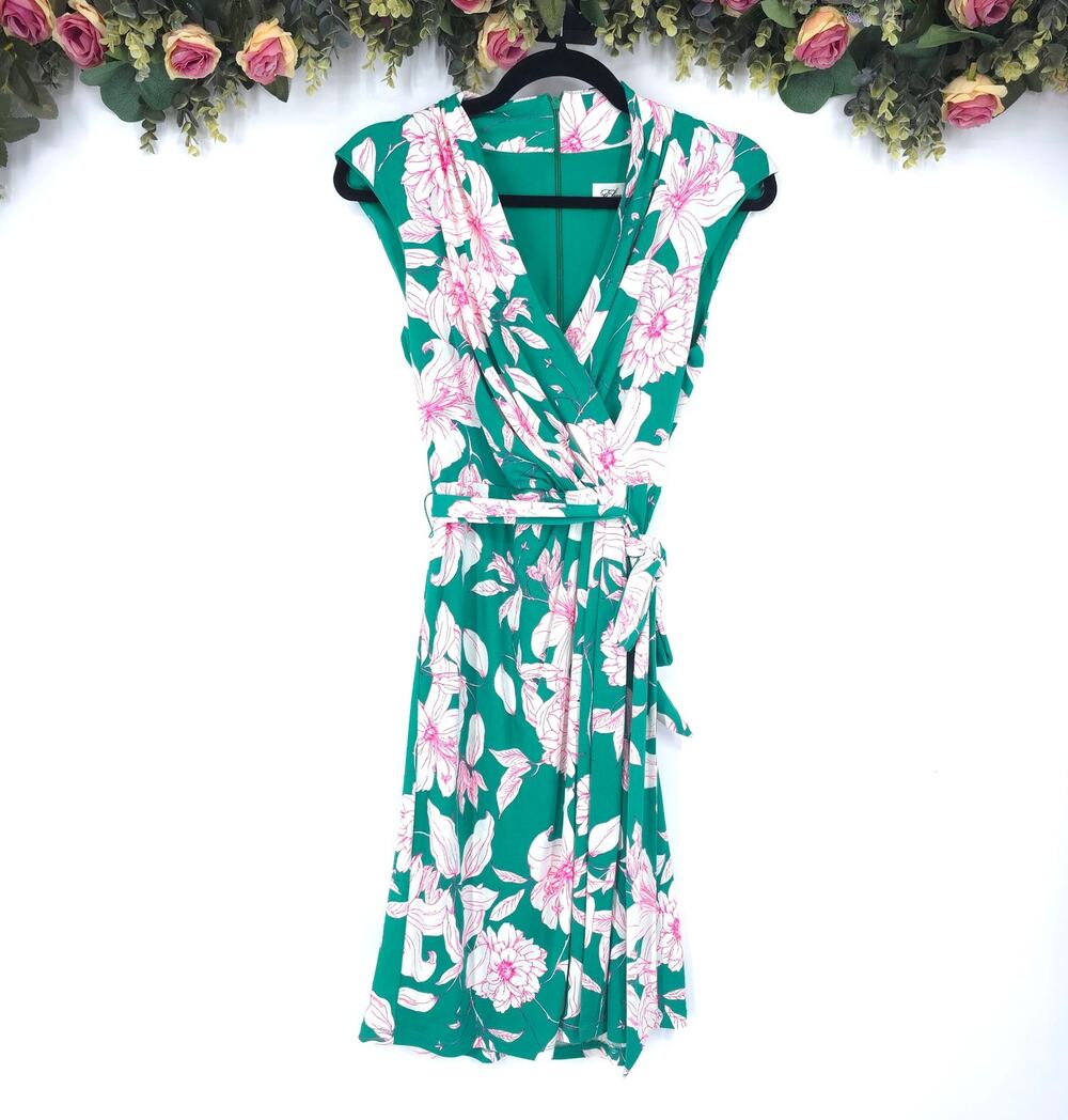 Eliza J Emerald Green Pink Dress Sleeveless Floral Print Fit & Flare Size 2 NWT